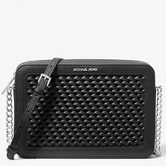 Michael Kors Jet Set Large Woven Crossbody Bag Black - Picture 1 of 11